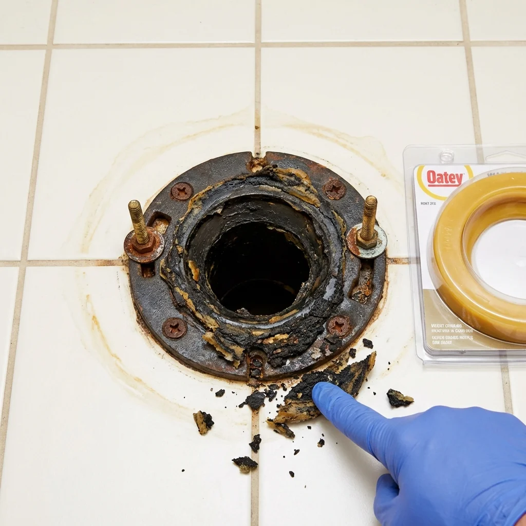 Failed wax ring showing water seepage at the base of a toilet in a Pineville, LA home